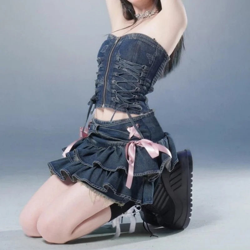 Coquette Core Pleated Denim Mini Skirt