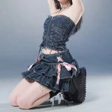 Coquette Core Pleated Denim Mini Skirt