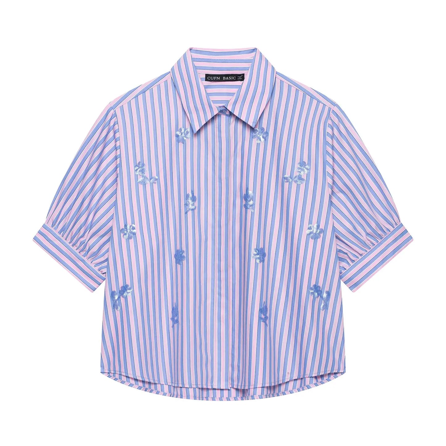 Sequined Striped Crop Women Blue Shirt