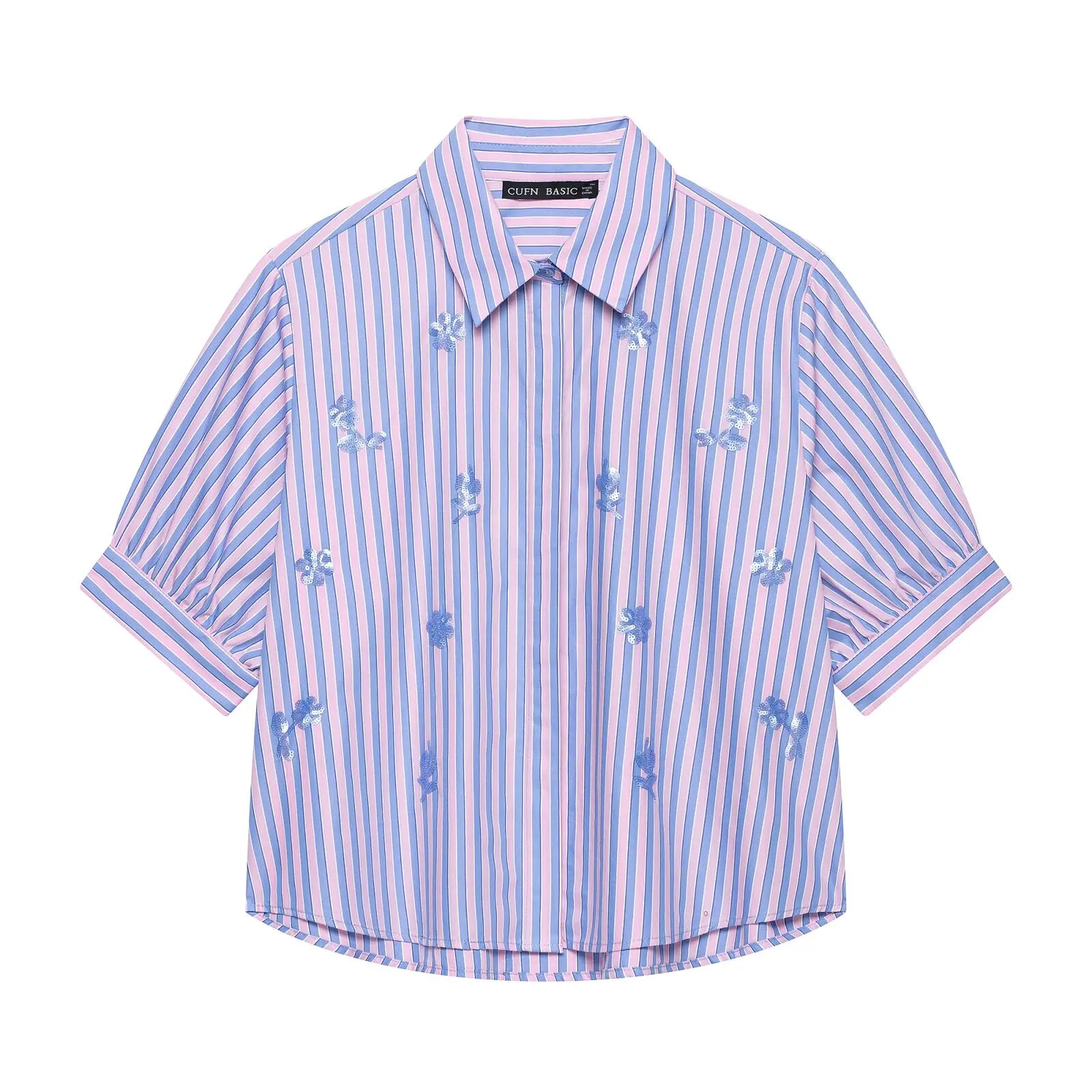 Sequined Striped Crop Women Blue Shirt