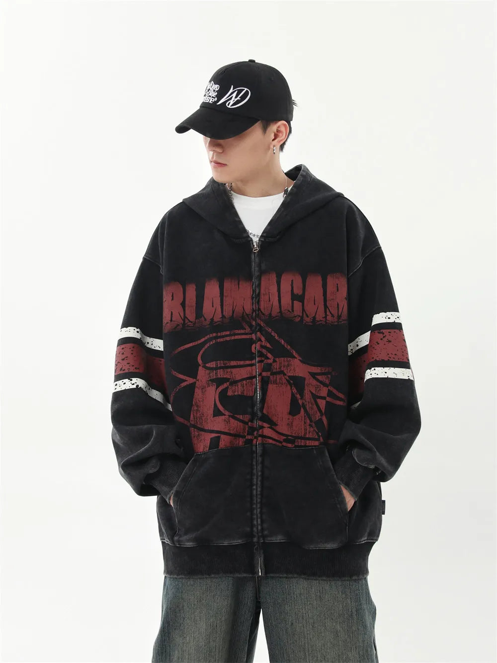 Retro Distressed Print Hooded Sweatshirt
