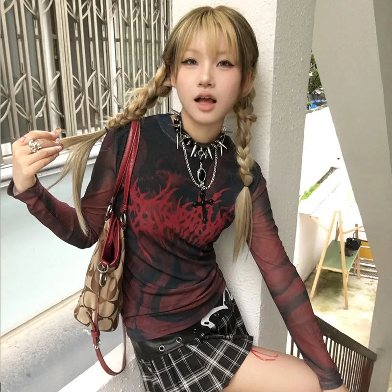 Tattoo Print Mesh Gothic T-Shirt