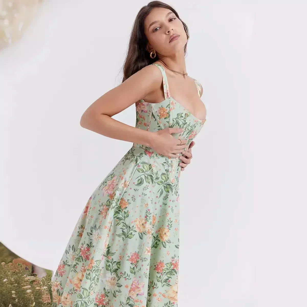 Vintage Floral Pattern Midi Dress