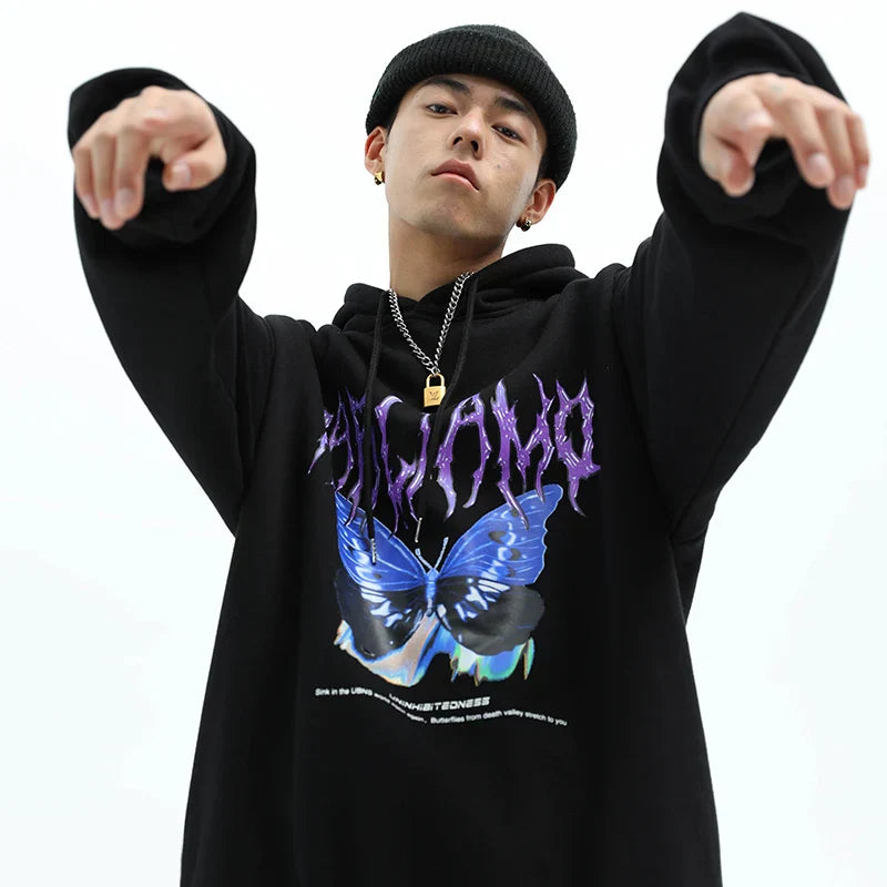 Sudadera con Capucha Oversize con Mariposa Negra Lavada