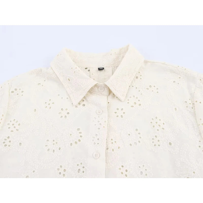 Fashion Hollow Out Embroidery Women Shirt