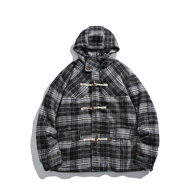 Retro Karierte Woll-Steppjacke mit Kapuze