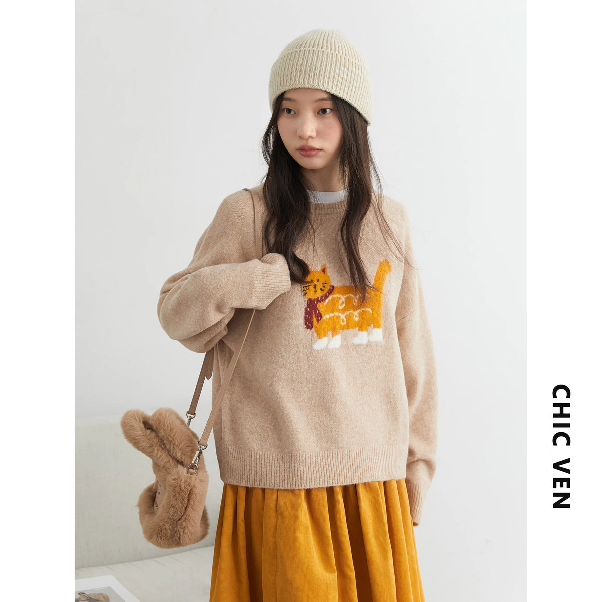 O-neck Orange Cat Sweater
