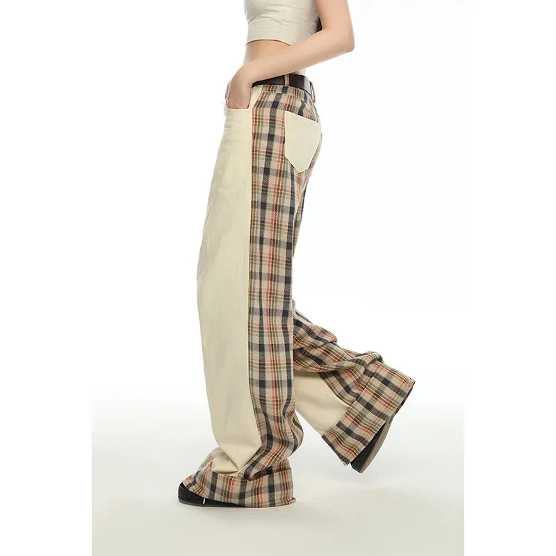 Patchwork Beige High Waist Wide Leg Pants
