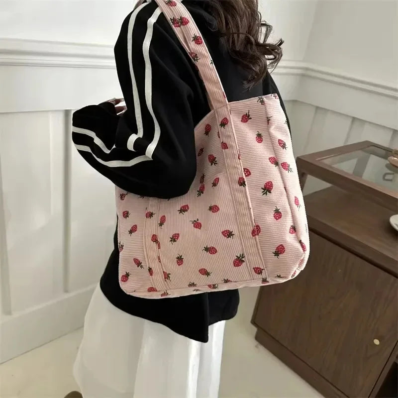 Corduroy Strawberry Print Tote Shoulder Bag