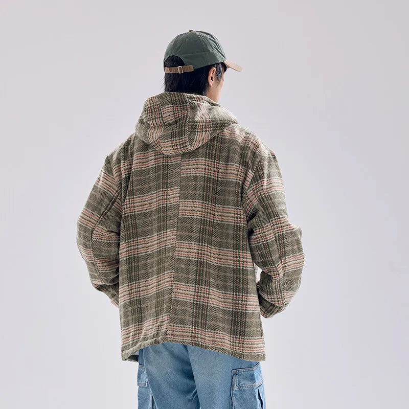Retro Karierte Woll-Steppjacke mit Kapuze