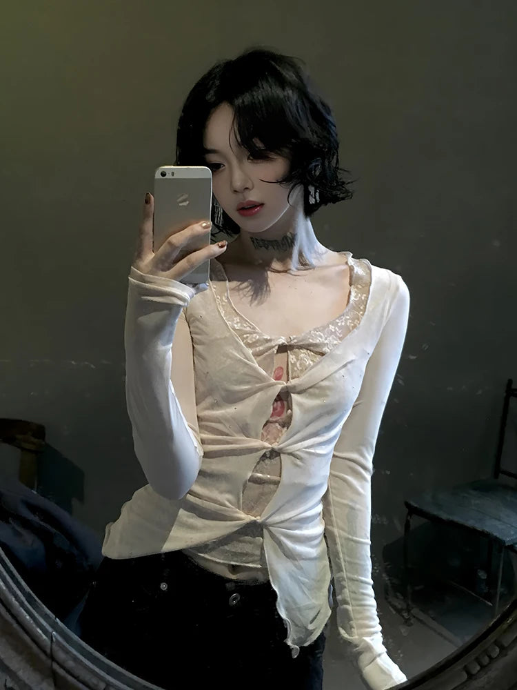 Front Tie Mesh Blouse