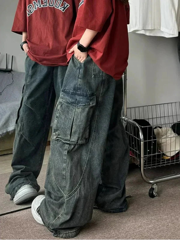 High Waist Straight Blue Cargo Jeans