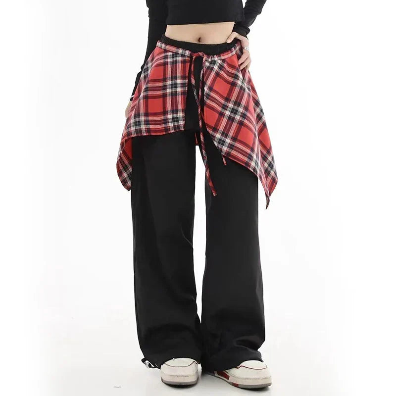 Patchwork Plaid Skirt High Waisted Pants