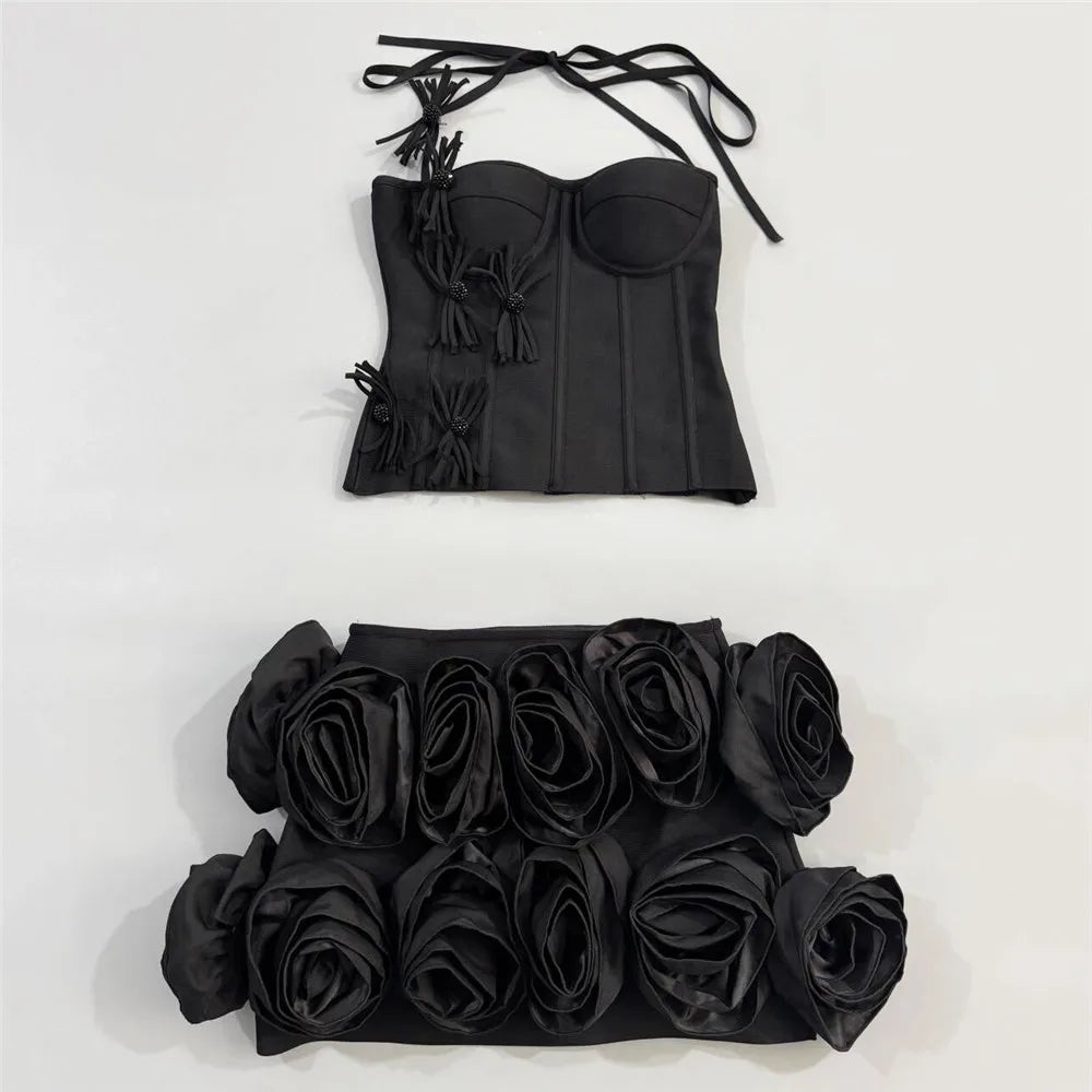 Flowers Corset Top & Ruffled Mini Skirt Set