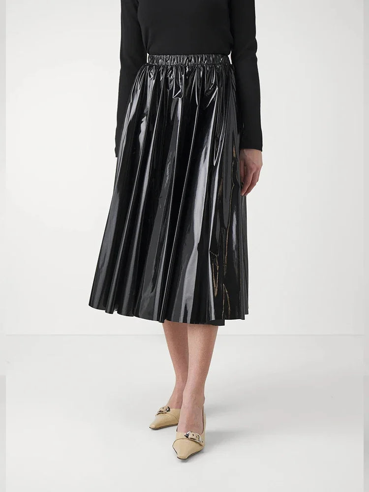 Glossy Leather Pleated Midi Skirt