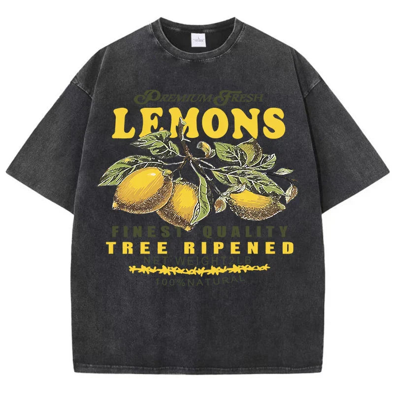 Fresh Lemon Fruit Print Washed T-Shirt