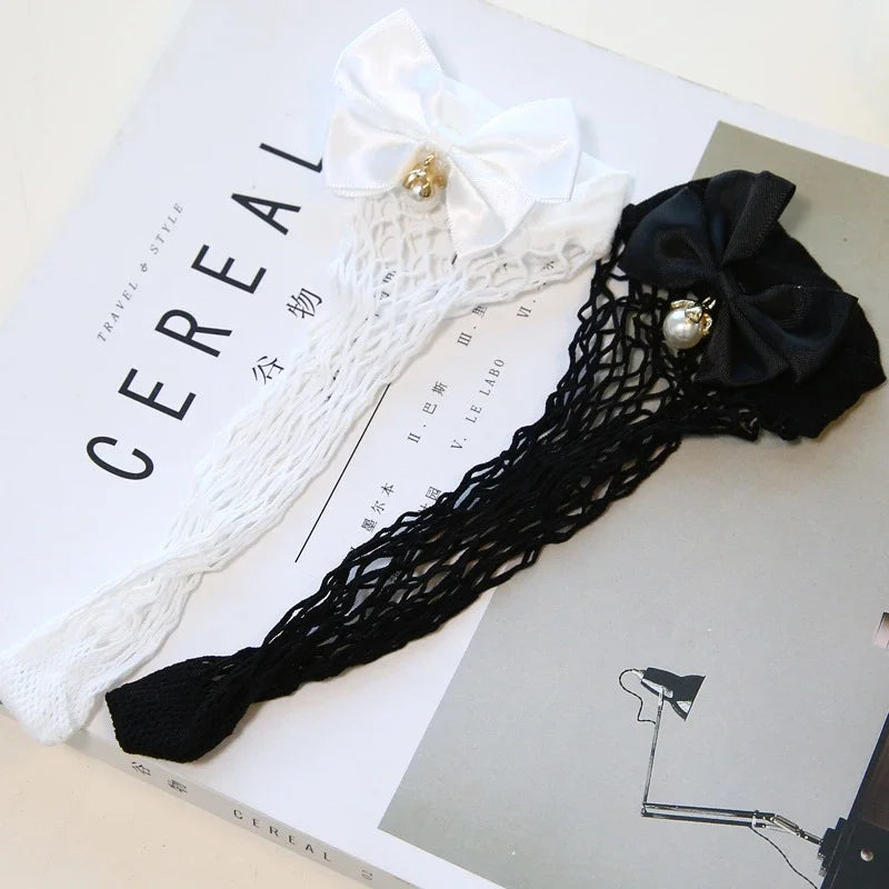 Ladies Fishnet Socks Heel With Bow Pearls Funny Breathable Socks