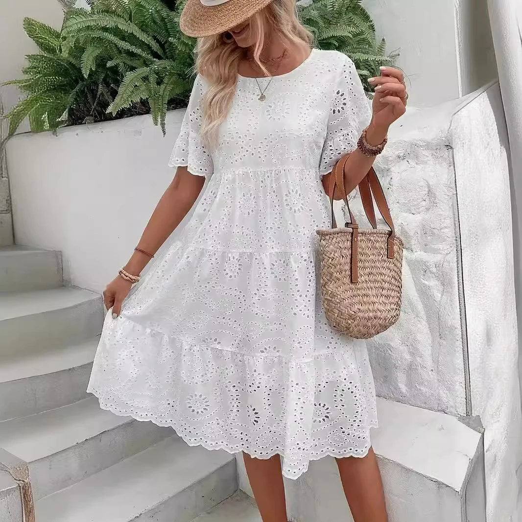 Women's White Hollow Out Boho Midi Dress