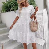 Women's White Hollow Out Boho Midi Dress