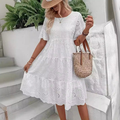 Women's White Hollow Out Boho Midi Dress