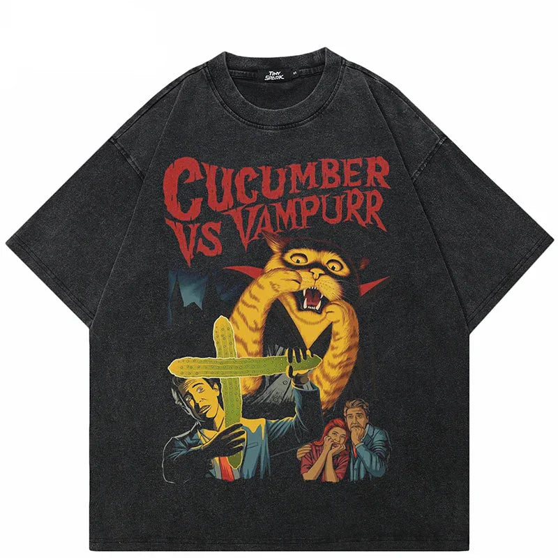 Retro Funny Graphic Washed Black T-Shirt