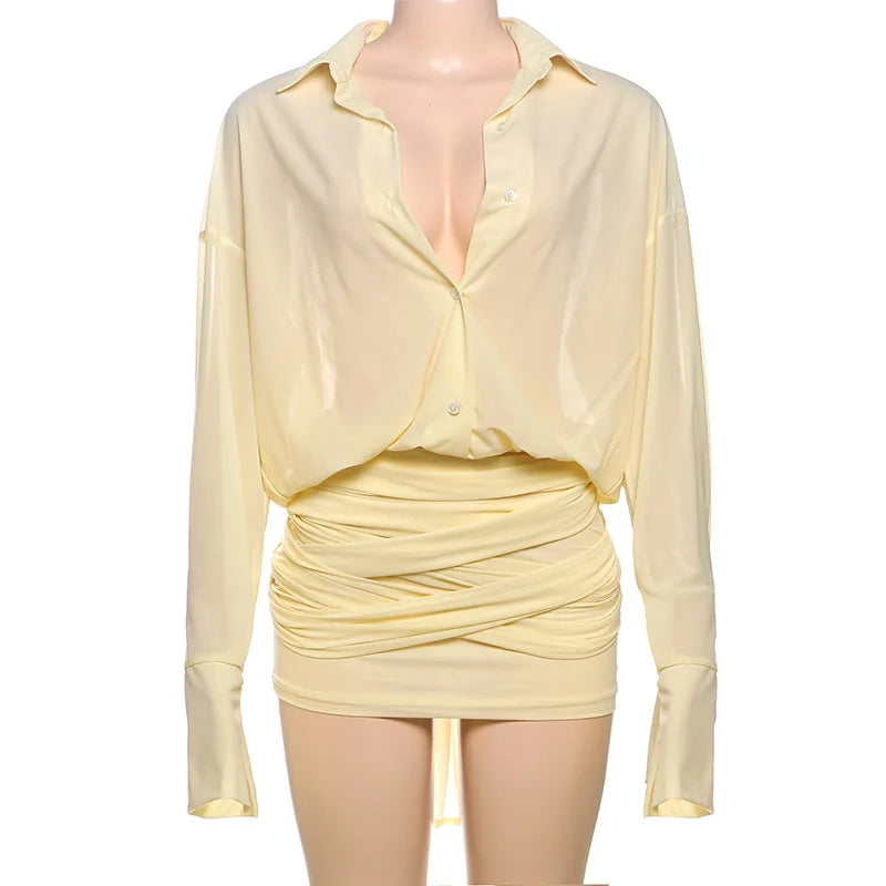 Shirt Style Flare Sleeve Sheer Mini Dress