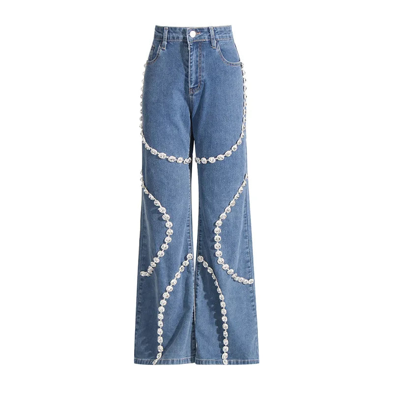 Cyperpunk Rhinestone High Waist Jeans