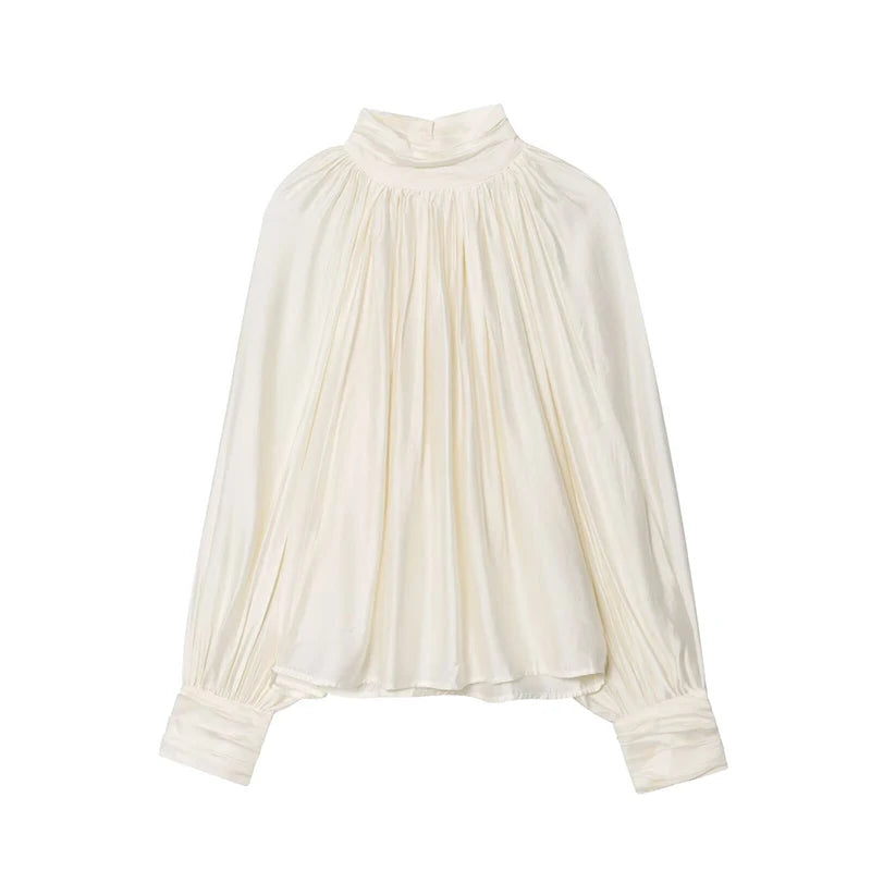 Half High Collar Pleated Long Sleeve Office Shirt