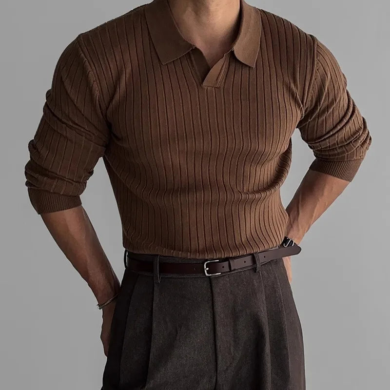 Retro Knit Striped Polo T-Shirt