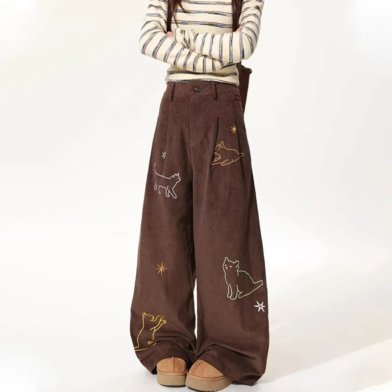 Indie Cartoon Cat Wide Leg Pants