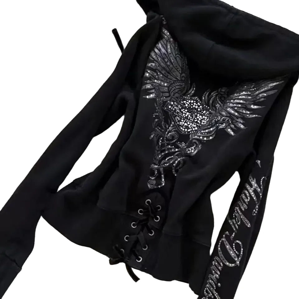 Gothic Drawstring Black Zipper Hoodie