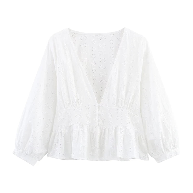 Openwork Embroidery Casual White Blouse