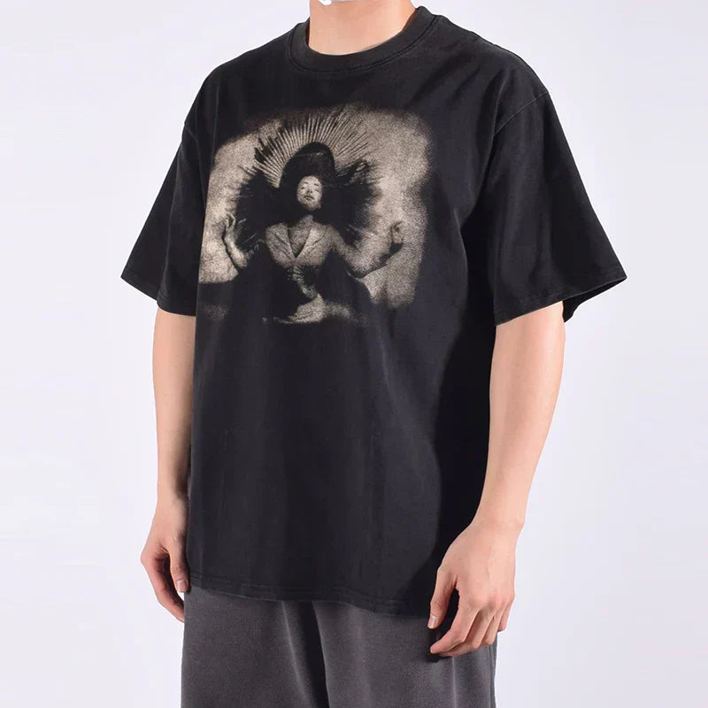 Vintage Porträtmuster Bedrucktes Schwarzes T-Shirt