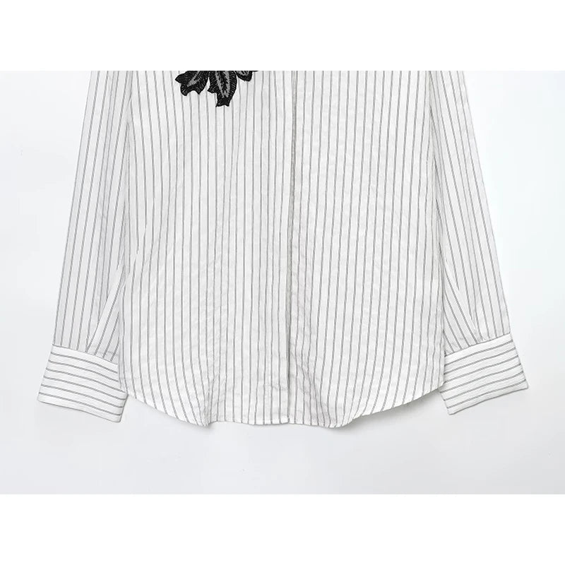 Lace Flower Applique Striped Shirt