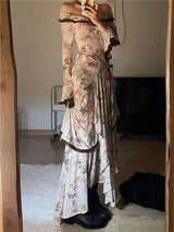 Butterfly Printed Slim Fit Vintage Maxi Dress