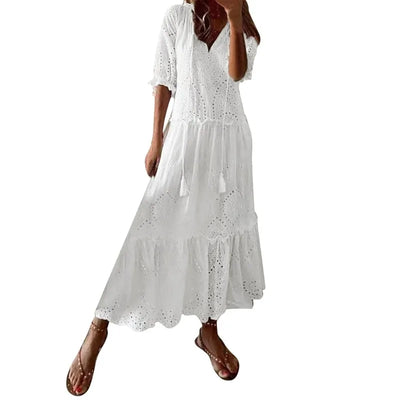 Summer Bohemian Loose Midi White Boho Dress