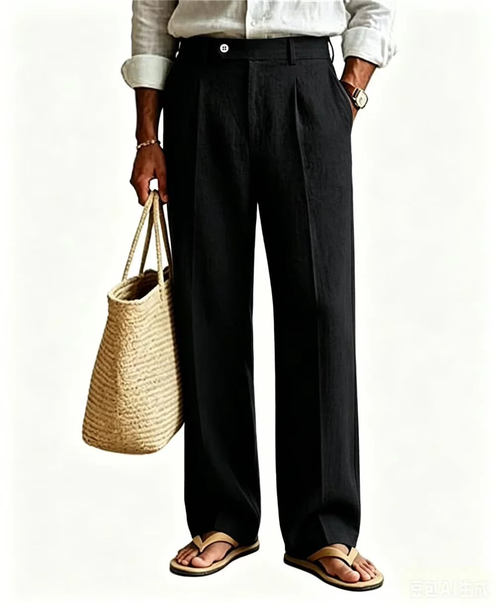 Linen Beige Straight Leg Pants