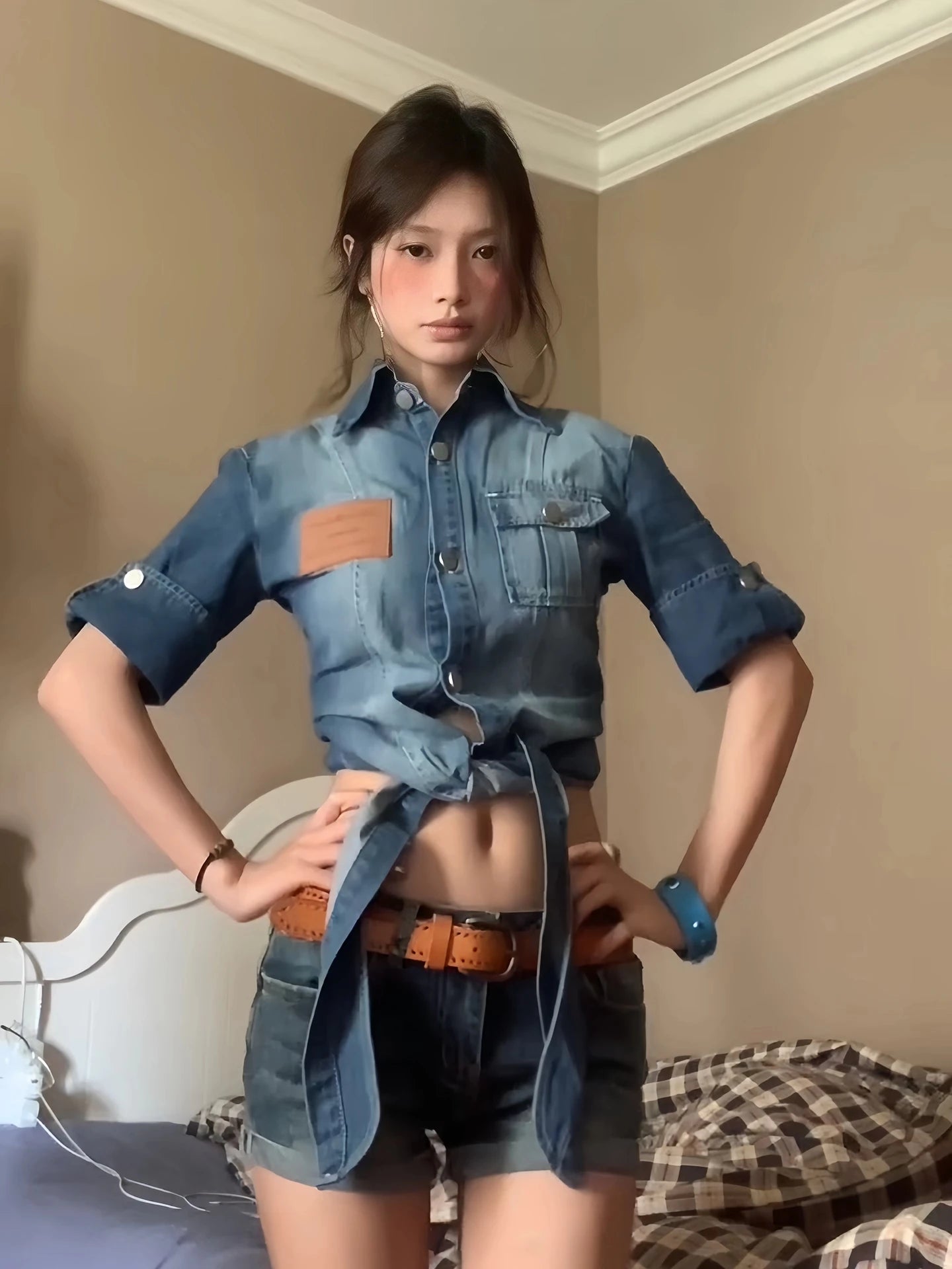 2000s Crop Denim Shirt Half Sleeve Blouse