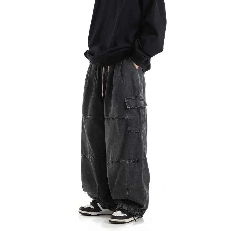 Drawstring Faded Wide Leg Cargo Jeans