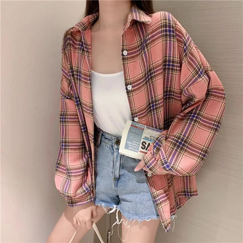 Oversized-Tartan-Jacken-T-Shirt mit Kragen