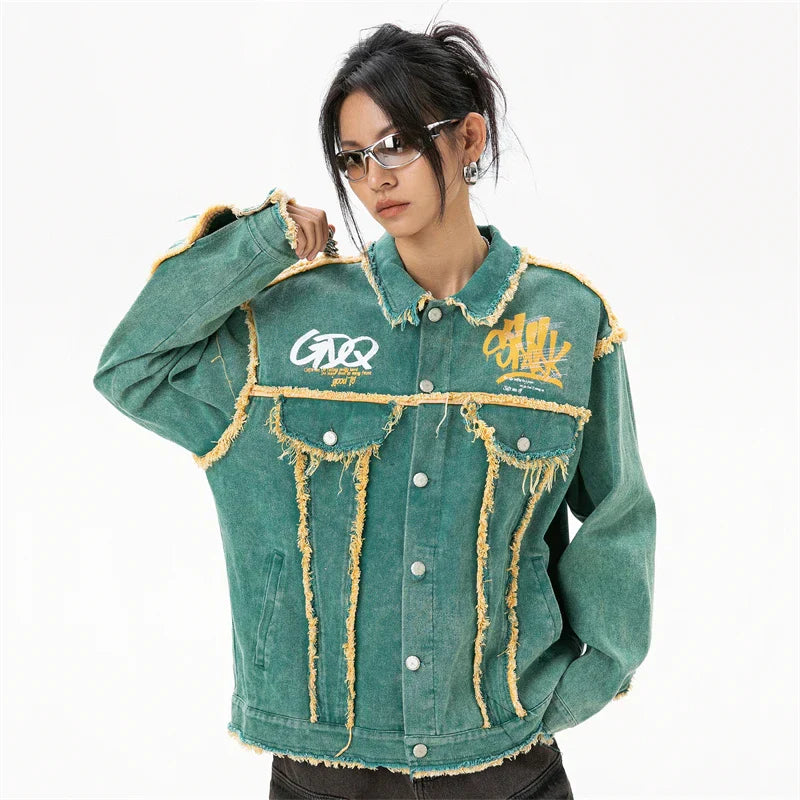 Cyberpunk Stitched Green Long Sleeve Denim Jacket