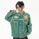 Cyberpunk Stitched Green Long Sleeve Denim Jacket