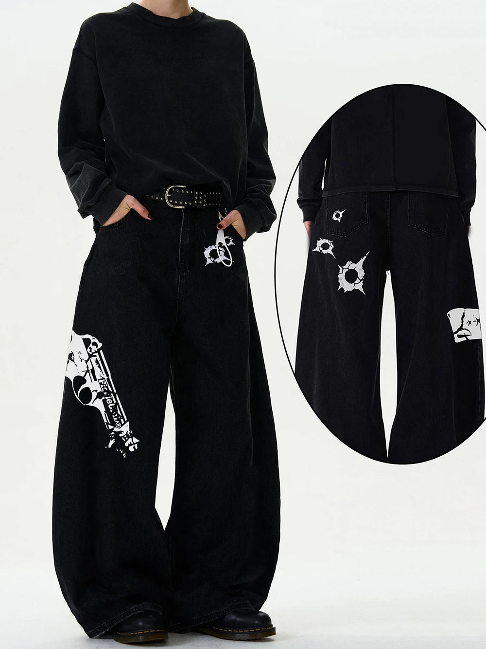 Black outfit with white graphic designs on a white background