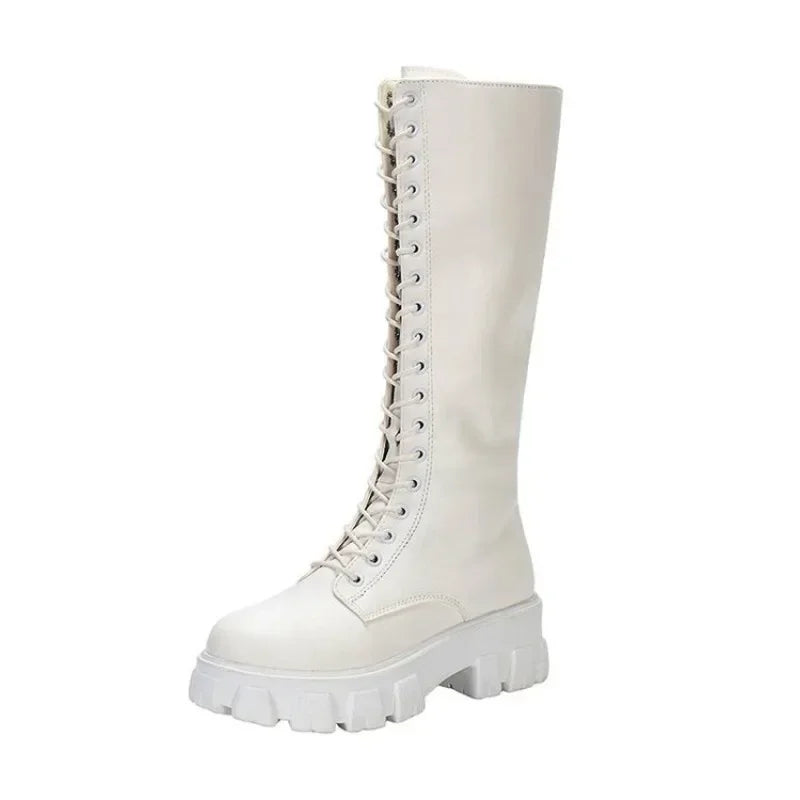 Faux Leather Knee High Lace Up Boots