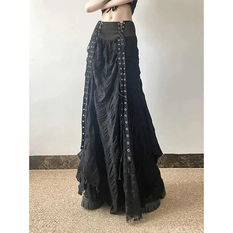 Vintage Lace Patchwork Mesh Maxi Skirt