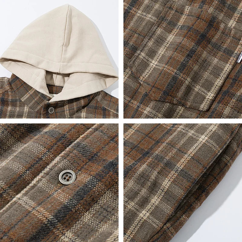 Hooded Plaid Pocket Puffer Jacket