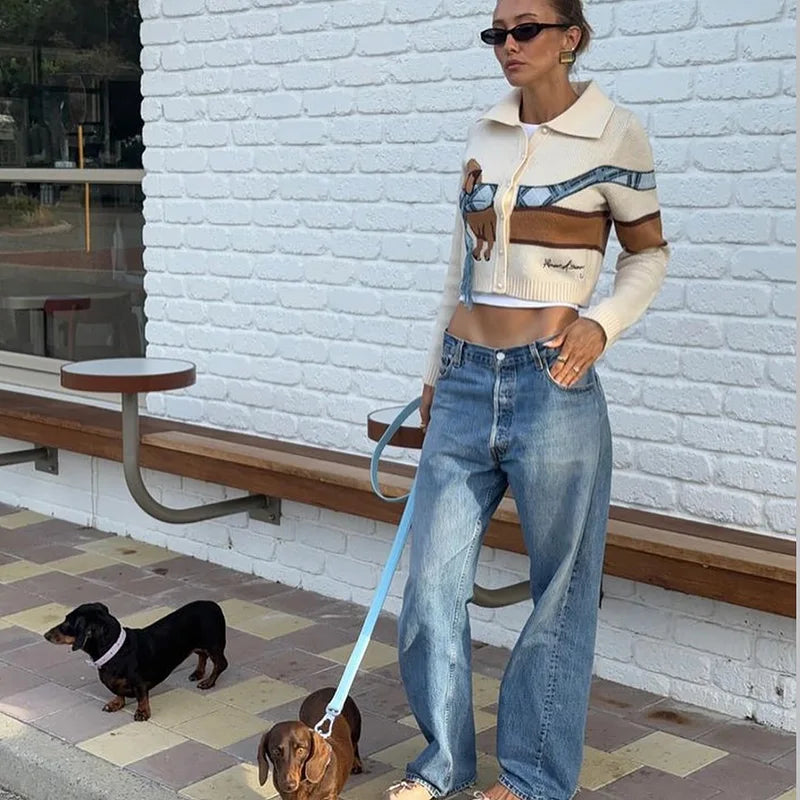 Y2K Cozy Chic Puppy Pattern Knit Cardigan