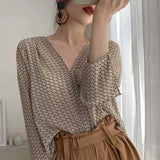 Elegant V-Neck Print Blouses Womens Shirt