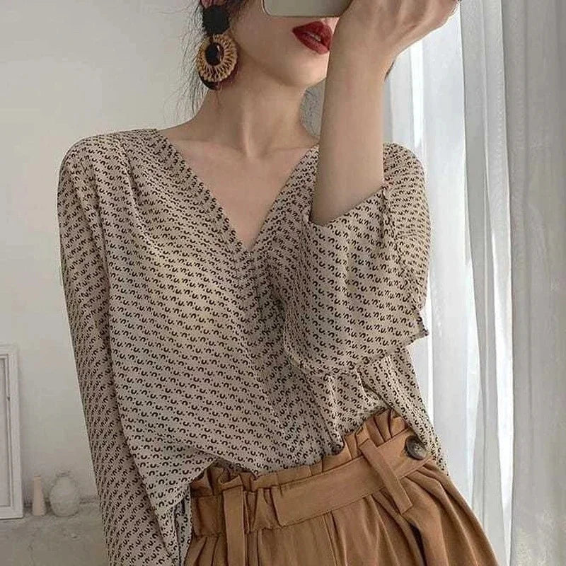 Elegant V-Neck Print Blouses Womens Shirt
