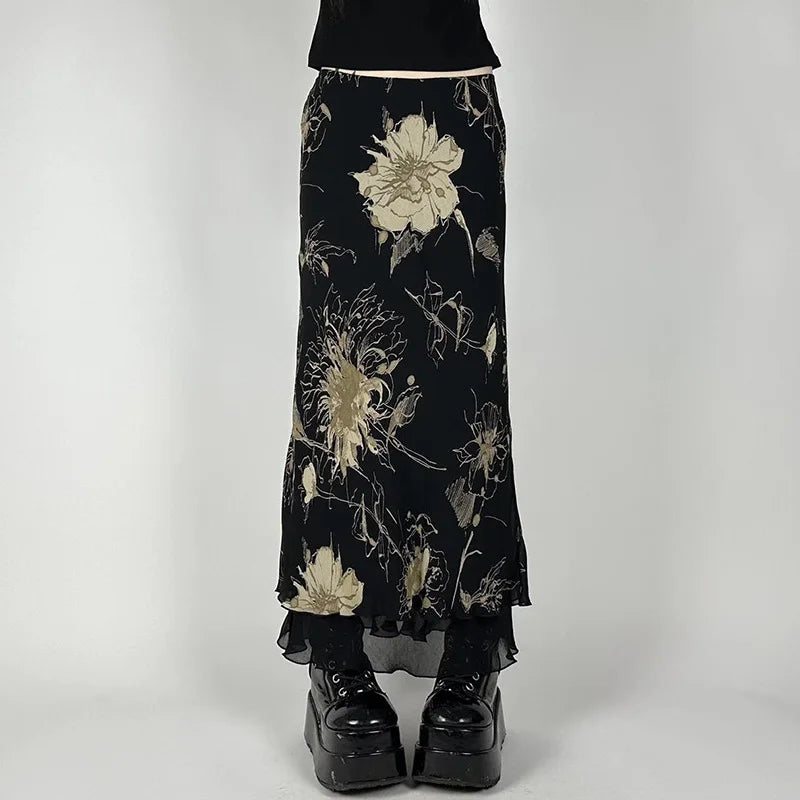 Gothic Aesthetics Double Layer Mesh Maxi Skirt